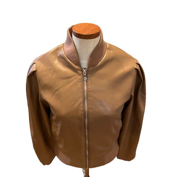 House of Harlow 1960 Faux Leather Puff Sleeve Bomber Jacket Mocha Brown S - Picture 1 of 9